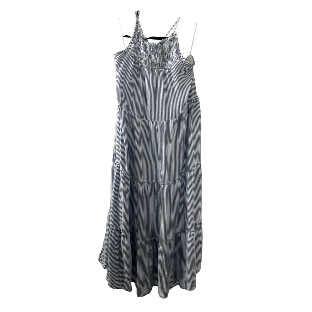 Elan Striped Maxi Dress L Blue White Smocked Open Back Tiered Coastal Boho